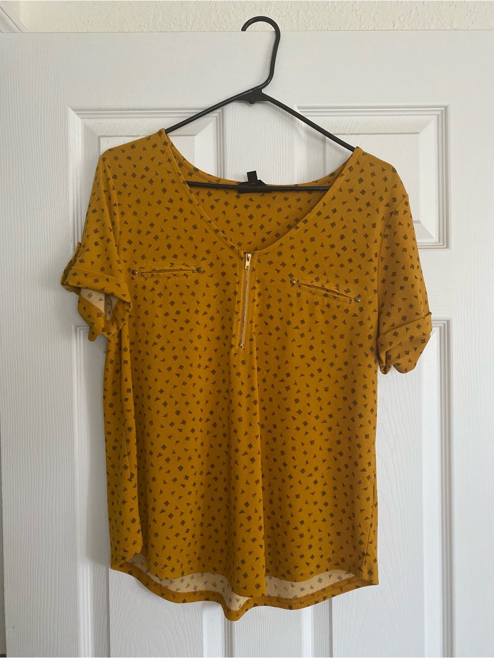 Women’s Mustard Short Sleeve Zip Front Blouse